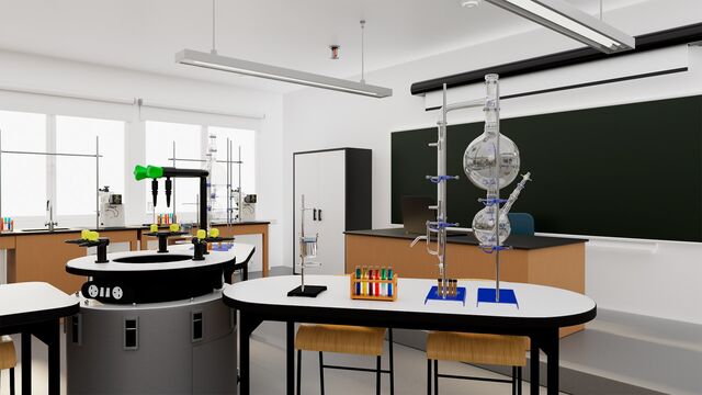 Salle de travaux pratiques avec tableau noir et verrerie